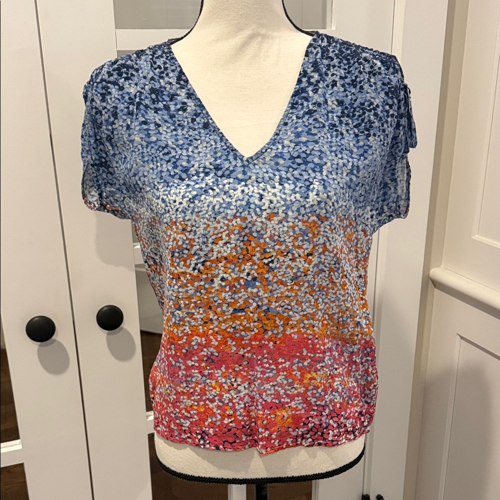 Ecru Blue Orange and Red Patterned V-Neck Silk Blouse Size S
